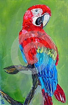 Green-winged Macaw Original Oil Painting Bird Parrot Animals