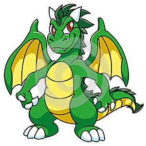 Green winged sly dragon with yellow stomach and wings, with darken horns, cartoon, fantasy.