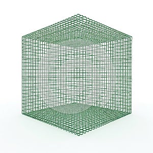 Green Wire Mesh Cube Structure on a White Background grid geometric