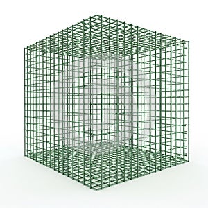 Green Wire Mesh Cube Structure on White Background grid geometric