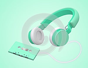 Green wireless headphones link cassette tapes , 3d rendering