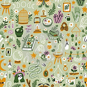 Green witch aesthetic pattern illustration