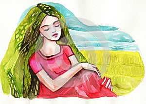 Green woman in long hair.