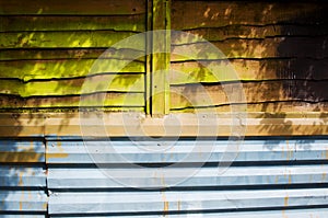 Green wood, Blue metal fence background