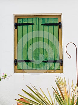 Green Wood Shutters with Black Iron Hinges