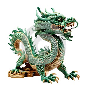 Green wooden Chinese dragon. Symbol of 2024. Isolated on a white background.