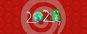 Green Wooden Dragon. Happy New Year 2024 design. Colorful numbers. 2024 Chinese New Year. Red banner
