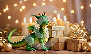Green wooden dragon, symbol of New Year 2024. Merry Christmas and Happy New Year background template