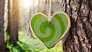 Green Wooden Heart Hanging with a Rope on a Tree Trunk - Generative Ai