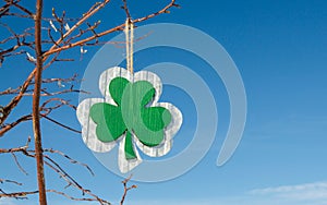 Green wooden shamrock hanging from tree branches