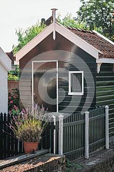 Green wooden shed in the back garden of a house in Edam