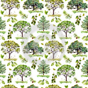 Green woods. Park, forest pattern with trees. Seamless pattern. Watercolor