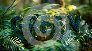 Green word in the forest. Conceptual image for environment conservation