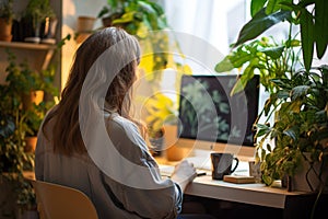 Green work environment Woman working at home with house plants