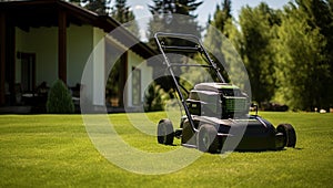 Green working lawn gardener spring mow cut care summer grass mower equipment outdoors