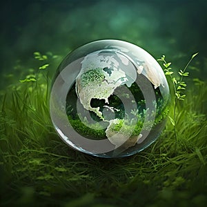 A green world globe with clearly defined continents set against a natural background of green grass. Generative Ai