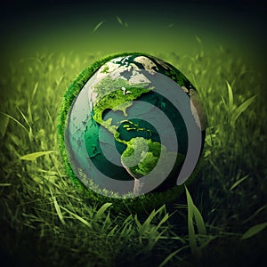 A green world globe with clearly defined continents set against a natural background of green grass. Generative Ai