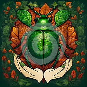 green world and leaf have love bug in hands vector illustration perfect composition, detailed nature wallpaper, generative AI