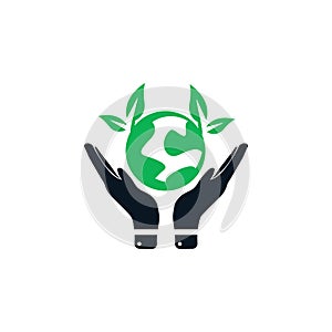 Green world logo, Safe world on hand icon