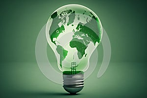 Green world map on the light bulb on green background - ai .