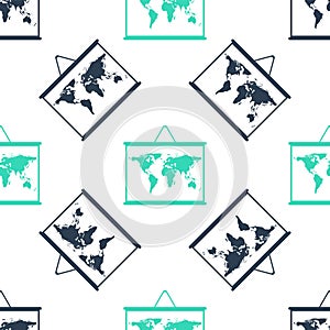 Green World map on a school blackboard icon isolated seamless pattern on white background. Drawing of map on chalkboard