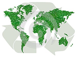 Green world map with sign of recycling