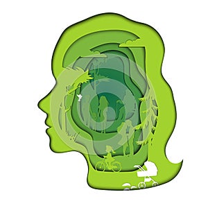 Green World In Mind Concept. Woman s Head Layered Outline With People OF Different Age Living In Green World With