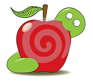Green worm eating apple