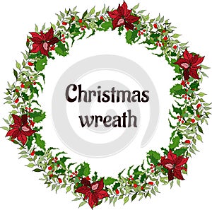 Green wreath with red flowers on a white background. Christmas decoration