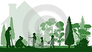 Green yard. Planting tree by famile in yard near house, silhouette. Landscaping of garden. Vector illustration