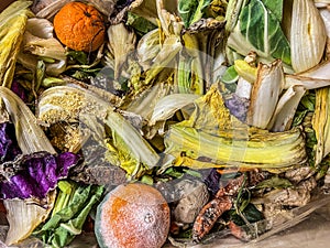 green and yellow background of many rotting fruit and vegetables