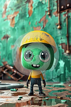 A green and yellow cartoon character with a hard hat on, AI