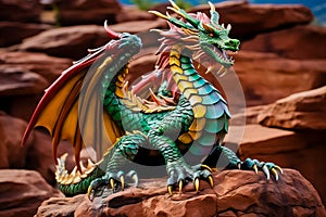 Green-yellow dragon sitting on the rocks. Chinese New Year greeting card