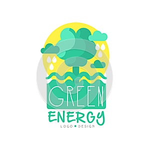 Green and yellow logo original template with tree with foliage, clouds and rain. Alternative pure eco energy production