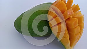 Green and yellow mangoes in summer