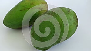 Green and yellow mangoes in summer