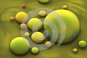 Green and yellow oil bubbles in a liquid as ai generated abstract background