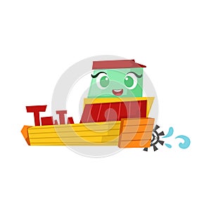 Green And Yellow Paddle Steamer Boat, Cute Girly Toy Wooden Ship With Face Cartoon Illustration