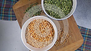 Green and yellow peas. High protein legumes,beans and lentils for vegetarians. Circular rotation.