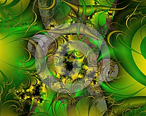 Green yellow phosphorescent black hypnotic fractal, abstract flowery spiral shapes, background