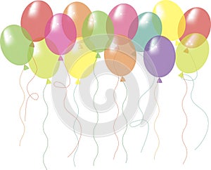 Green, yellow, pink, red, orange, purple transparent shiny balloons on a white, background