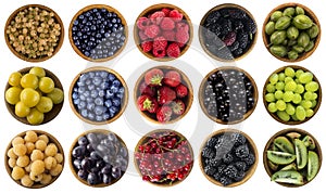 Green, yellow, red, blue and black food. Berries isolated on white. Collage of different colors fruits and berries on a white back