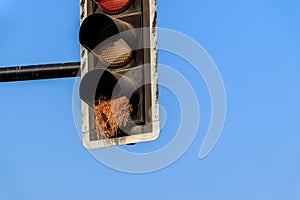 green yellow Red old traffic light sign combined bicycle and ped