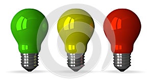 Green, yellow and red tungsten light bulbs, front view