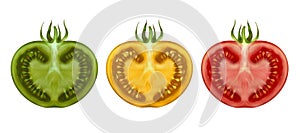 green yellow and ripe red tomato