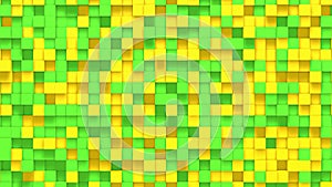 Green yellow small box cube random geometric background. Abstract square pixel mosaic illustration. Land block background. Fantasy