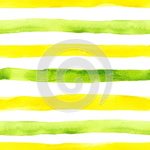 Green and yellow watercolor stripes seamless pattern on white background. Bright abstract hand painted repeat print