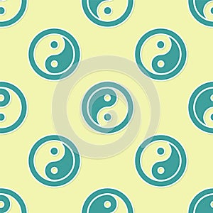 Green Yin Yang symbol of harmony and balance icon isolated seamless pattern on yellow background. Vector