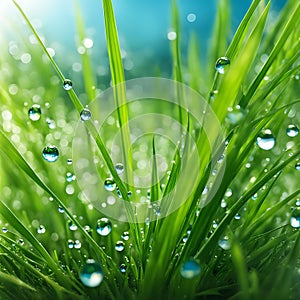 Green young bright grass with drops of dew, water, vegetation, eco