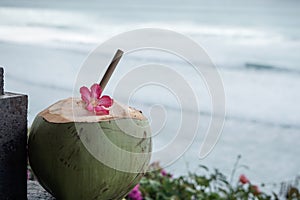 Green young fresh coconut close up with bamboo straw and pink tropical flower on the  cliff and blue ocean with big waves for